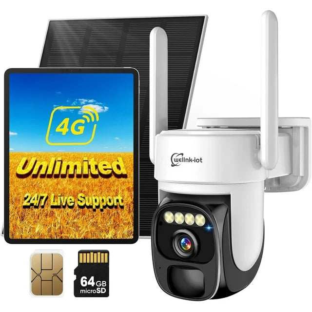 2025 Cellular Security Camera 4G LTE Wireless Outdoor with Built-in SIM Card & 64GB Micro SD Card, No Wifi Solar Security Camera with Remote Access, Motion&Siren Alerts, Auto Human Tracking, Playback