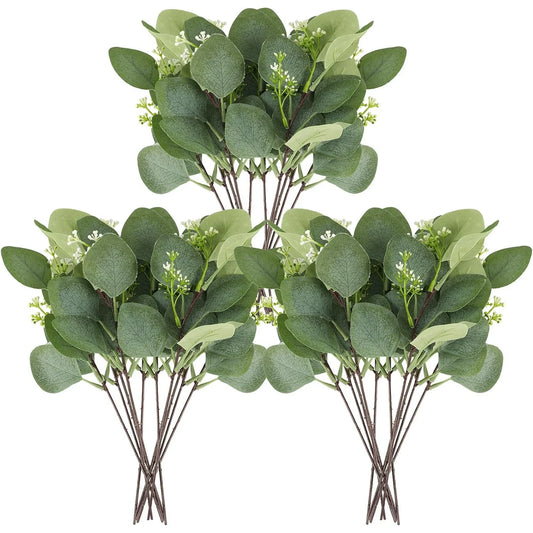 20Pcs Artificial Eucalyptus Leaves Stems, Greenery Decoration Branches with Flowers for Floral Arrangement Vase Wedding Bouquets Centerpiece