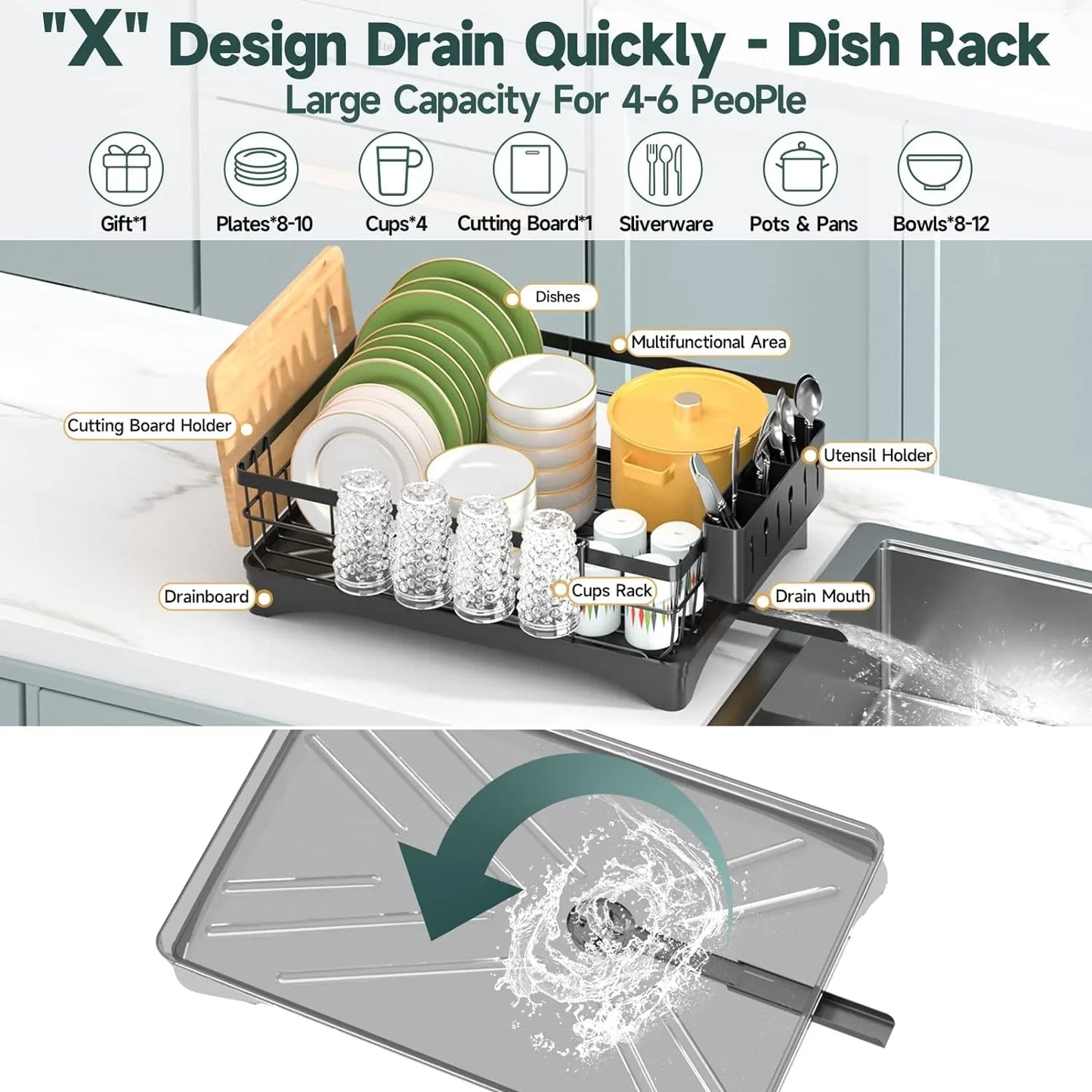 AOKIWO Dish Drying Rack, Durable Stainless Steel Large Dish Rack Kitchen Counter Dish Drainer with Drainboard Over Sink for Cups, Knives, Spoons, and Forks (L16.9"*W12.5")
