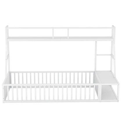 VLDTDRDI Twin Size Toddler Floor Bed with Desk and Storage Shelves,Playhouse Floor Bed Frame for Kids,Metal Floor Bed Twin Size with Safety Guardrails,Bed Twin Size for Girls,Boys