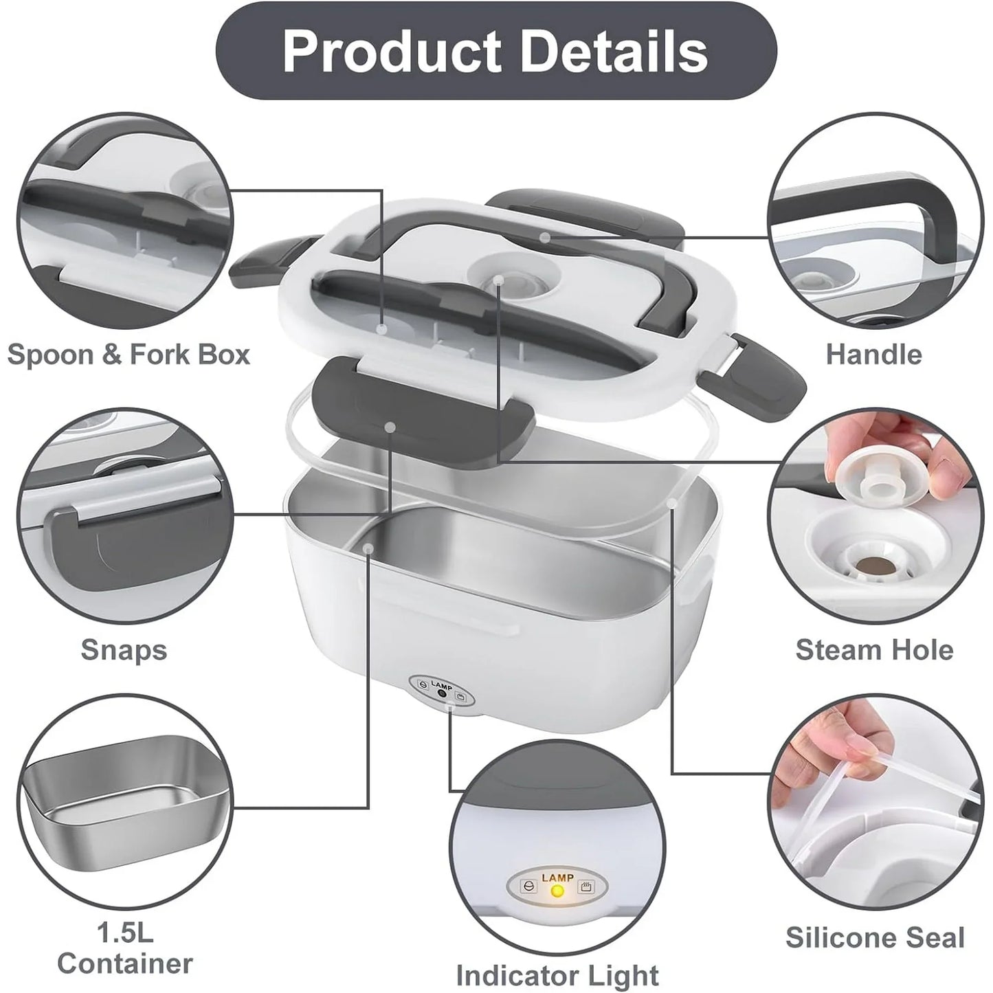 Electric Lunch Box Food Heater, AOKIWO 60-80W Electric Heating Lunch Boxes Lunch for Car/Men/Adults/Home/Work, 1.5L Removable 304 Stainless Steel Container, 110V/12V/24V, with Fork & Spoon