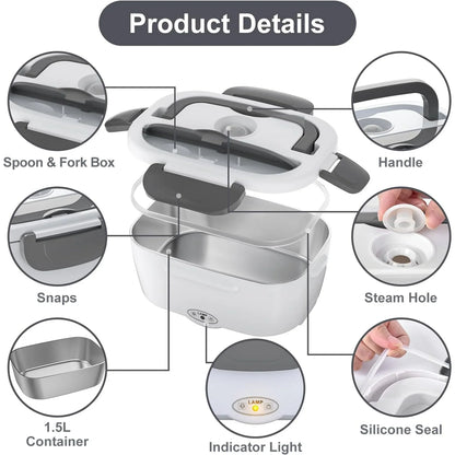 Electric Lunch Box Food Heater, AOKIWO 60-80W Electric Heating Lunch Boxes Lunch for Car/Men/Adults/Home/Work, 1.5L Removable 304 Stainless Steel Container, 110V/12V/24V, with Fork & Spoon