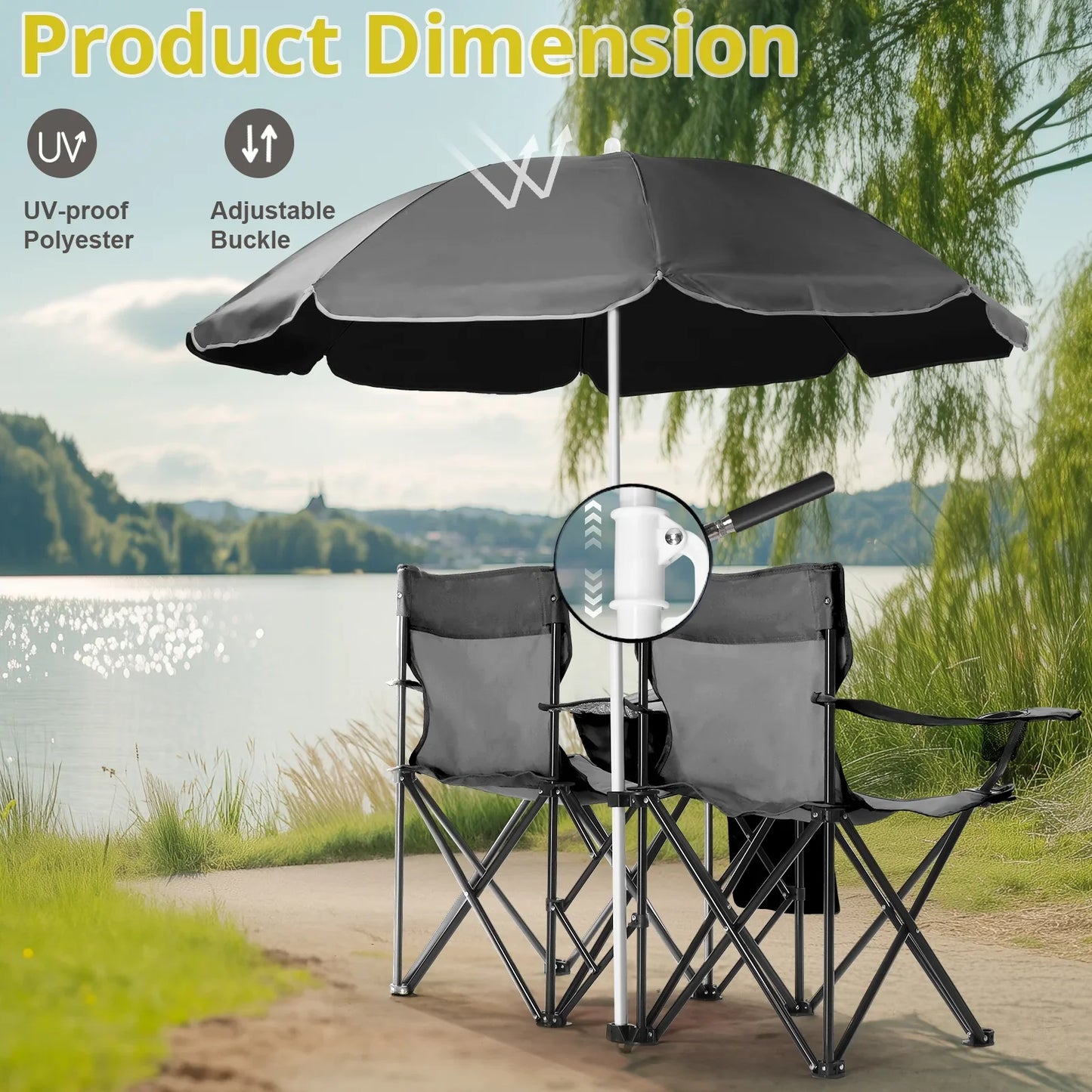 Ktaxon Camping Loveseat Chair, Folding Double Outdoor Chair with Removable Sun Umbrella & Carrying Bag, Double Chairs with Cooler Bag for Lawn Fishing Outdoor, Black