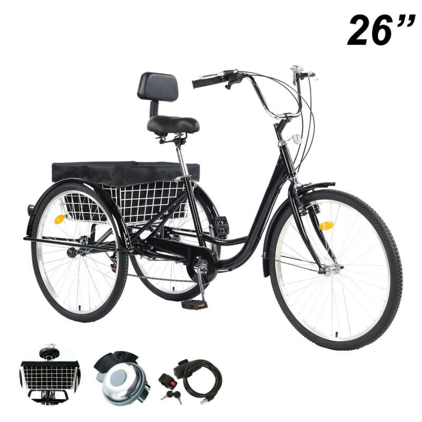 PRIJESSE 26inch Adults Tricycle 7-Speed w/ Basket Three Wheel Bike for Until 95 (Black)