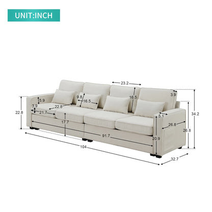 Churanty Sectional Sofa 4 Seater Couch with Armrest Pockets, Linen Upholstered Sofa with 4 Pillows for Living Room Apartment,