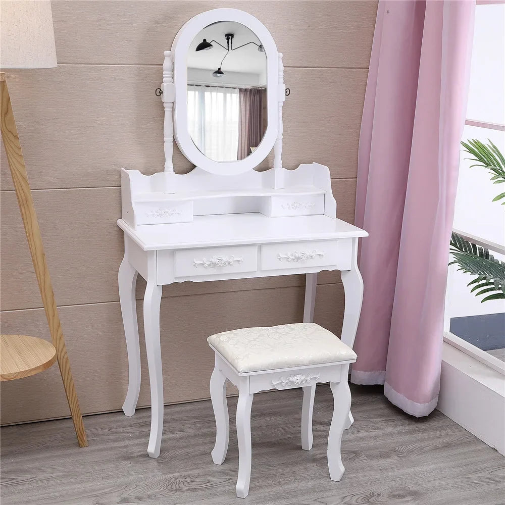 Ktaxon Vanity Jewelry Wooden Makeup Dressing Table Set W/Stool Mirror Cabinet &4 Drawer