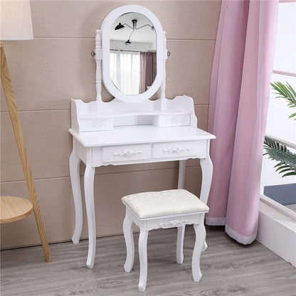 Ktaxon Vanity Jewelry Wooden Makeup Dressing Table Set W/Stool Mirror Cabinet &4 Drawer