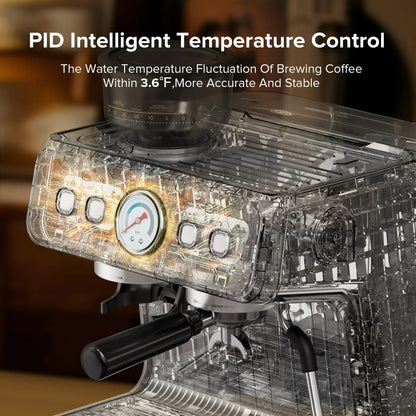 Auseo Coffee Machine with Conical Burr Grinder and Steam Wand, 1&2 Cups, Espresso/Cappuccino/Latte/Mocha for Home, Silver