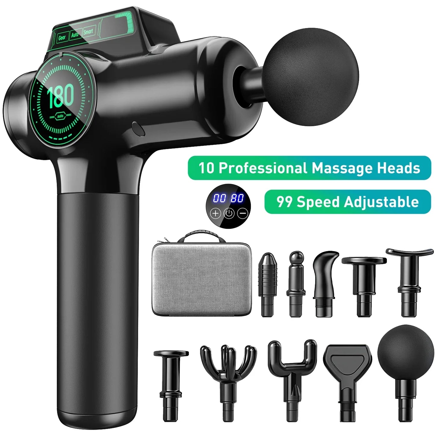 Massage Gun Deep Tissue, Muscle Percussion Back Neck Head Handheld Hammer Massager for Athletes, 99 Speed Level with LED Display Screen, Long Battery Life with 10 Heads