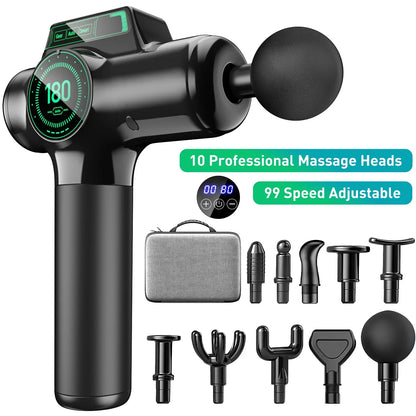 Massage Gun Deep Tissue, Muscle Percussion Back Neck Head Handheld Hammer Massager for Athletes, 99 Speed Level with LED Display Screen, Long Battery Life with 10 Heads