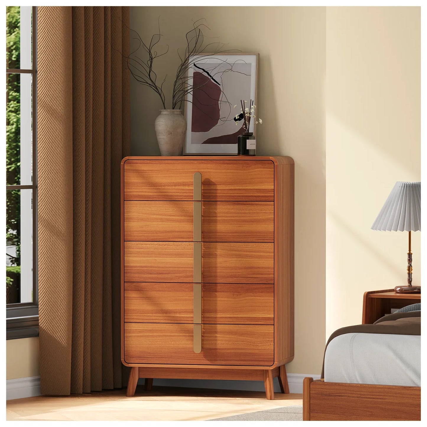 JOINICE Mid Century Modern Dresser,5 Drawer Adult Dresser, for Bedroom,Living Room,Cherry