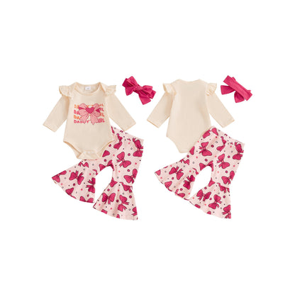 Peyakidsaa Baby Girls Outfits Clearance Ruffles Long Sleeve Romper and Elastic Pants Headband Set Clothes