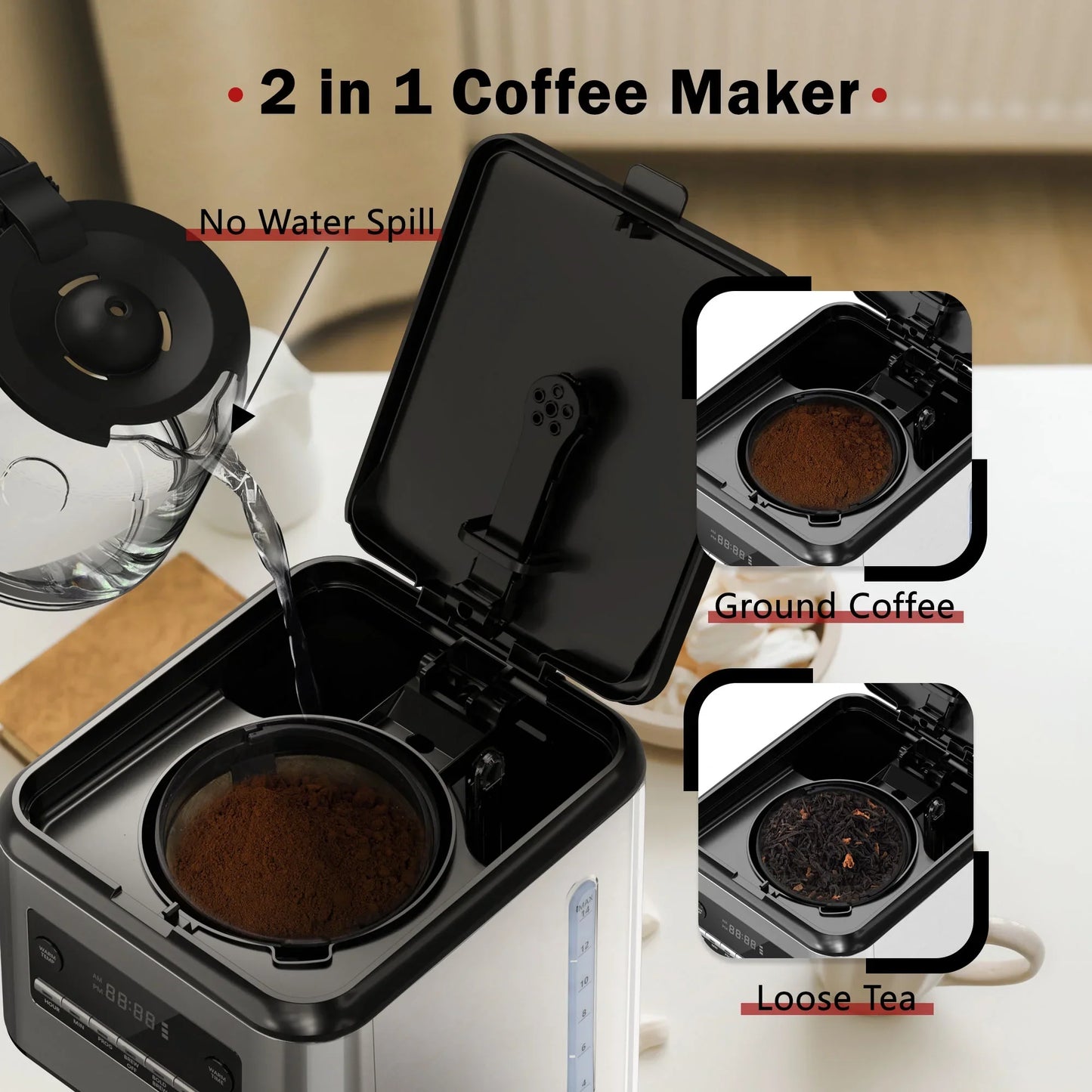 Auseo 14-Cup Programmable Coffee Maker - 24Hr Brew Scheduling, Bold Brew & Self-Cleaning, 1050W Fast Brewing w/Large Glass Carafe & Reusable Filter for Home/Office (Stainless Steel)"