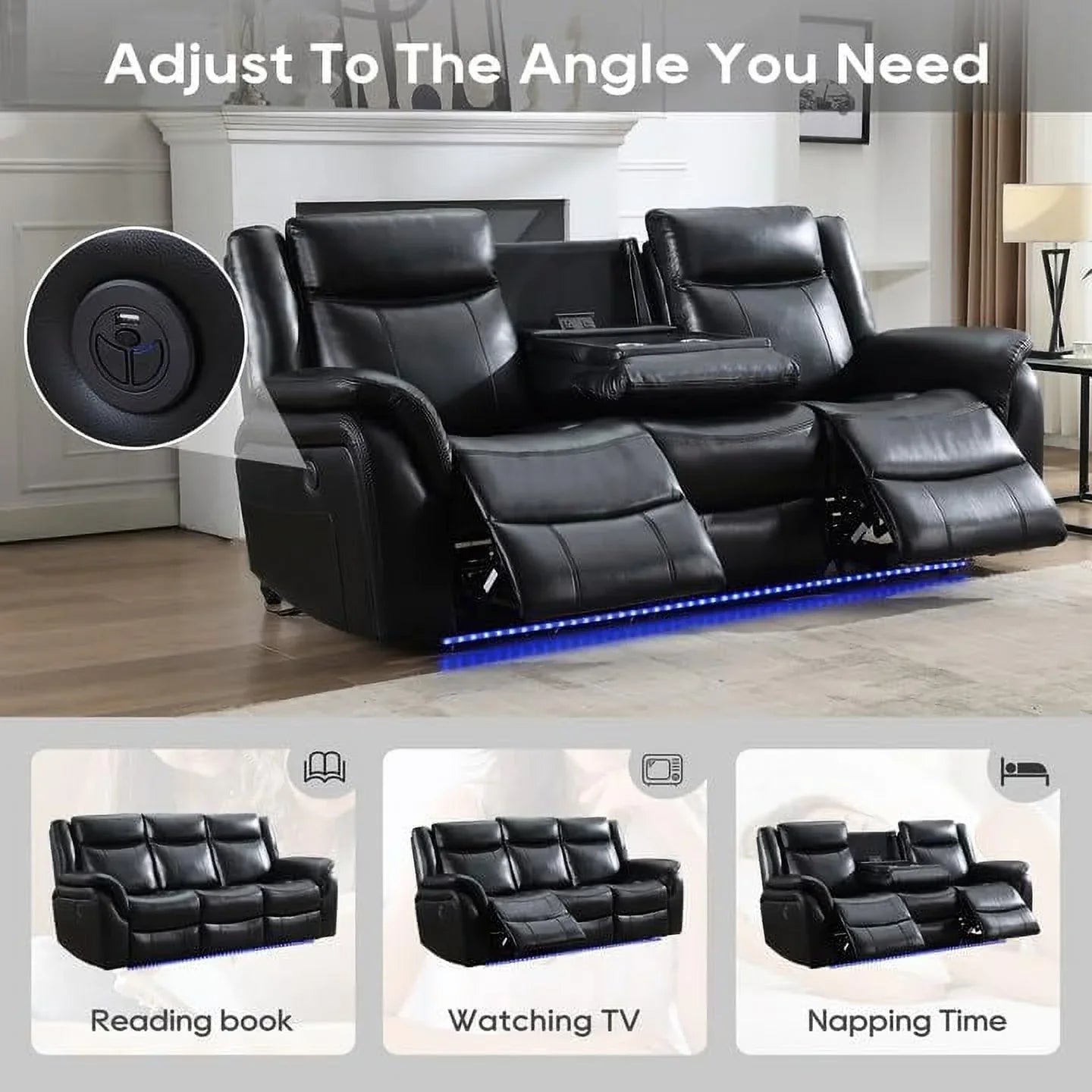 3-Seat Power Recliner Chair Sofa Set for Living Room,Black Faux Leather Electric Home Theater Seating Reclining Sofa Couch with Flipped Middle Backrest,LED Light,USB Port,Cup Holder,Wireless Charger