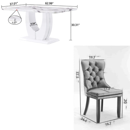 63" Modern Rectangle Faux Marble Dining Table Room Sets for 6,Dining Table with 6 Velvet Dining Chairs,White Table and 6 Gray Chairs with Silver Leg