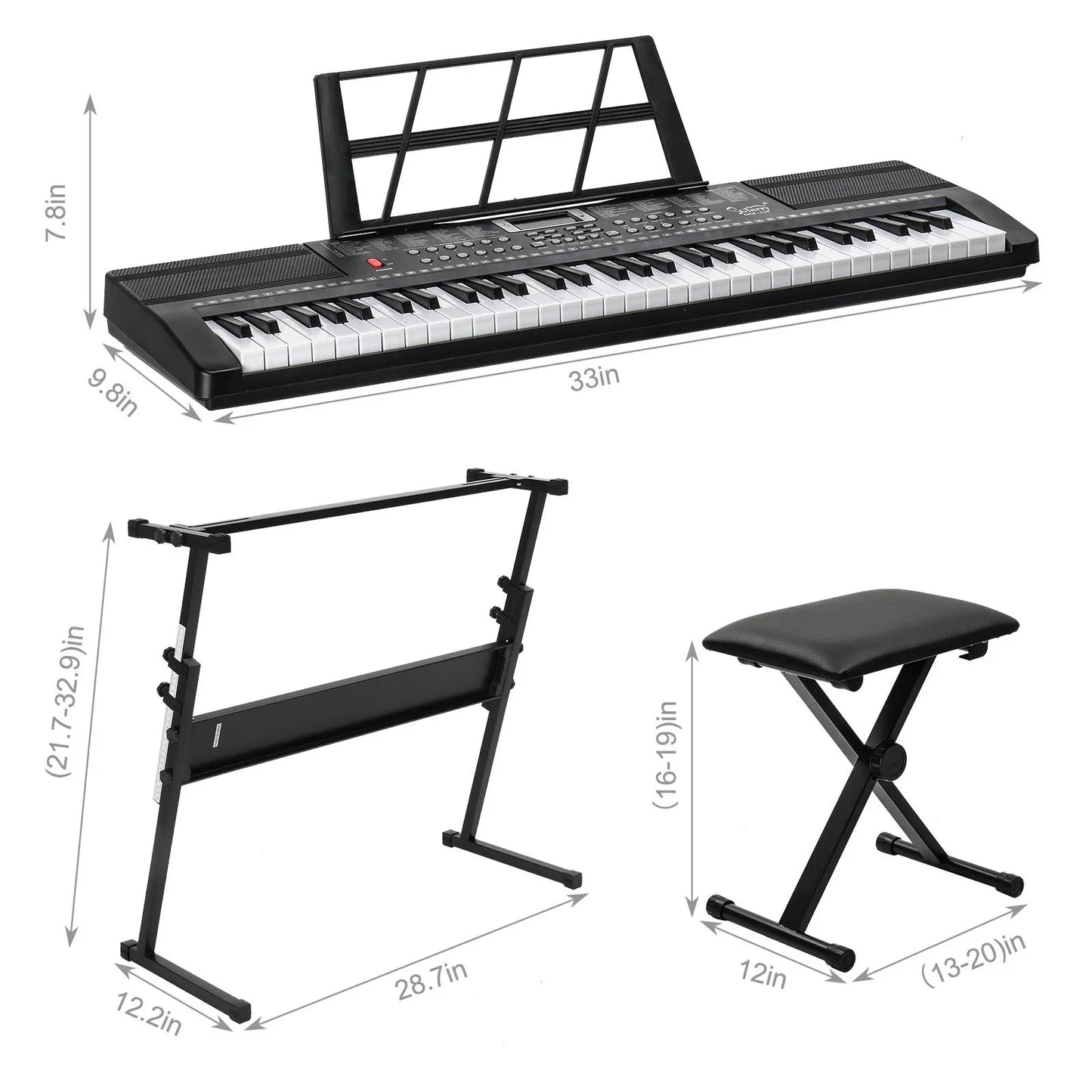 Glarry 61 Keys Keyboard with Piano Stand, Piano Bench, Built In Speakers for Beginners