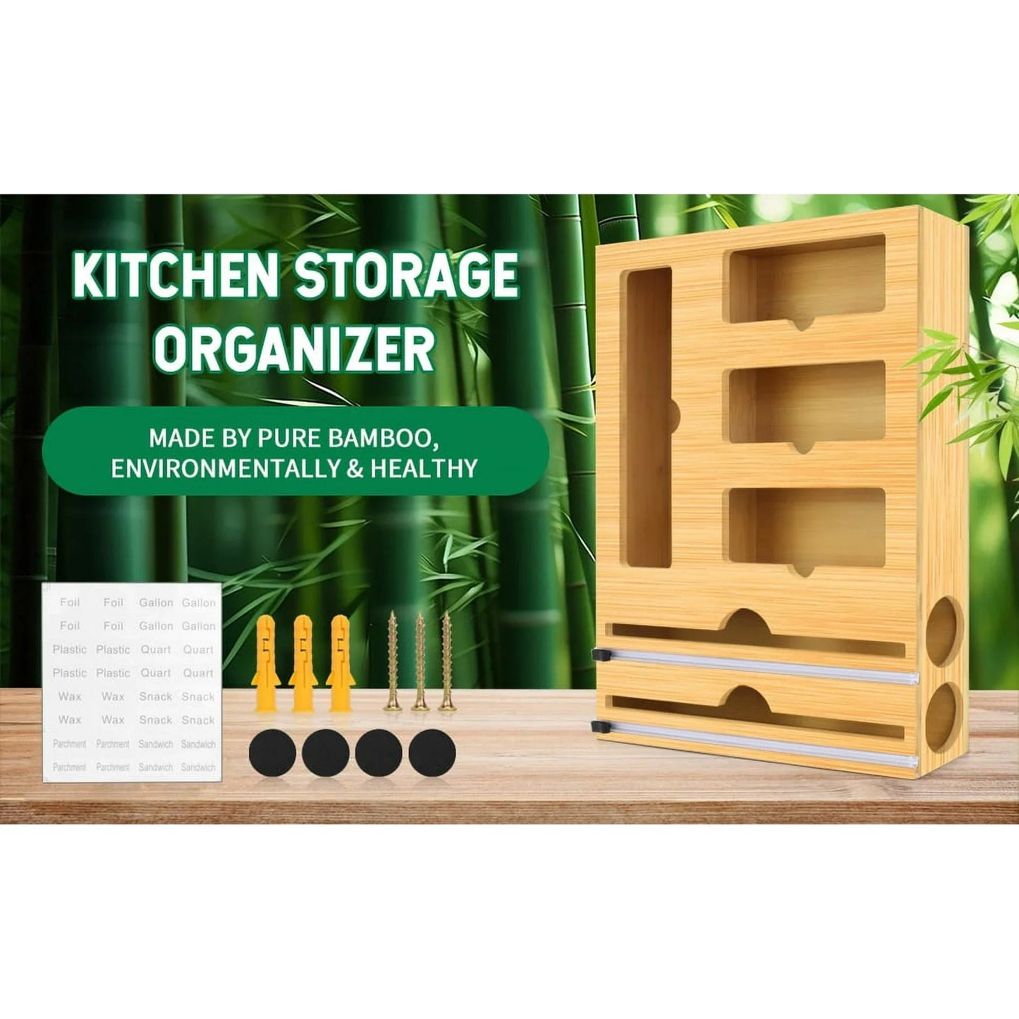 Foil and Plastic Wrap Organizer for Ziplock, 6 in 1 Bamboo Wrap Dispenser Compatible with 12" Parchment Paper Roll Cutter for Gallon, Quart, Sandwich Bags, Roll etc