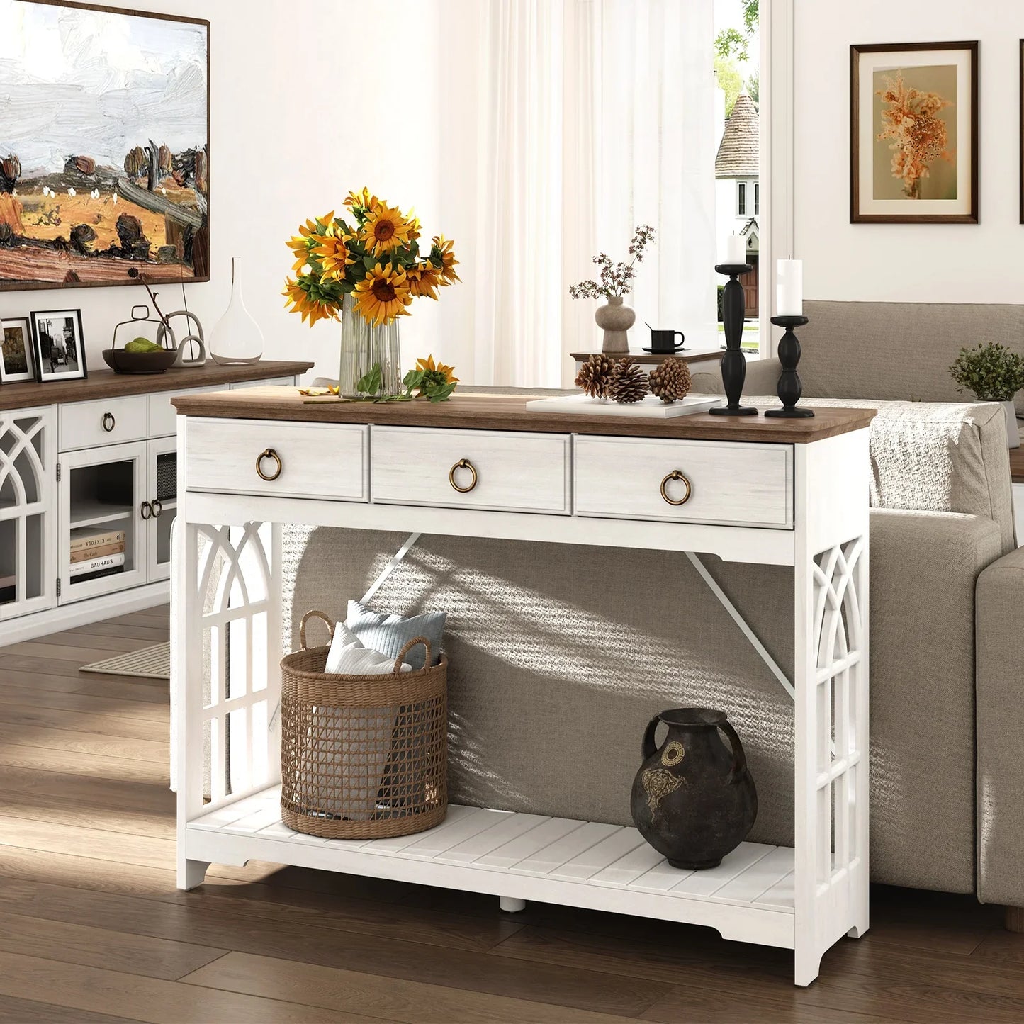 JOINICE 43" Console Table with Drawers for Entryway, Farmhouse Wood Table with Shelf, Fireplace,White