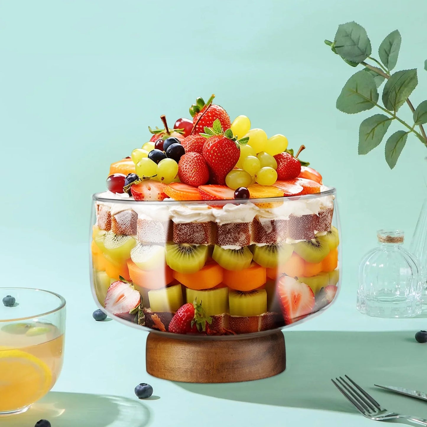 NiHome 123oz Large Glass Trifle Bowl with Elegant Acacia Wood Stand, Versatile Serving Dish for Cakes, Salads, Desserts, Stylish Display for Parties, Weddings, Special Occasions, Durable