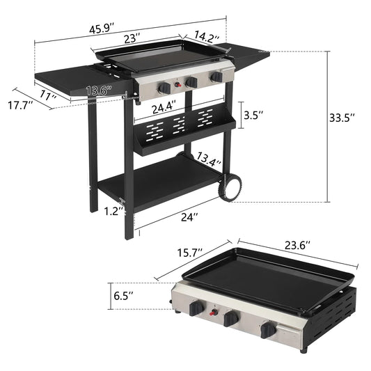Ktaxon 3 Burner Propane Griddle Flat Top Gas Grill 30000 BTU with Ceramic Coated Cast Iron Pan,Side Shelves,Spice Rack,Wheels