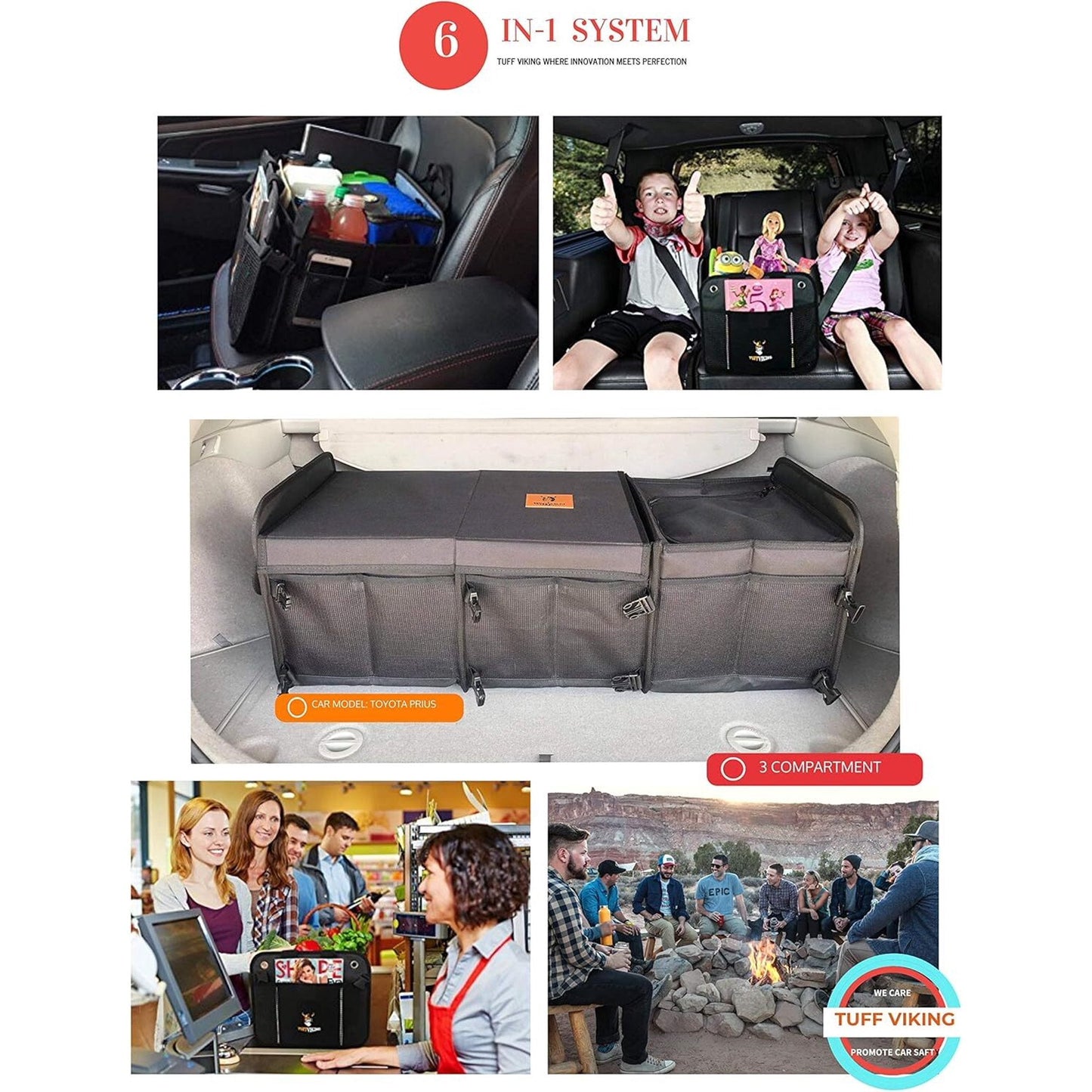 Convertible Large 3 Compartment SUV Trunk Organizer with Cover | Truck Bed Organizer | for Trucks, Cars, SUVs and Groceries with Tie Down Straps. (6 in 1 with Cover, Black)