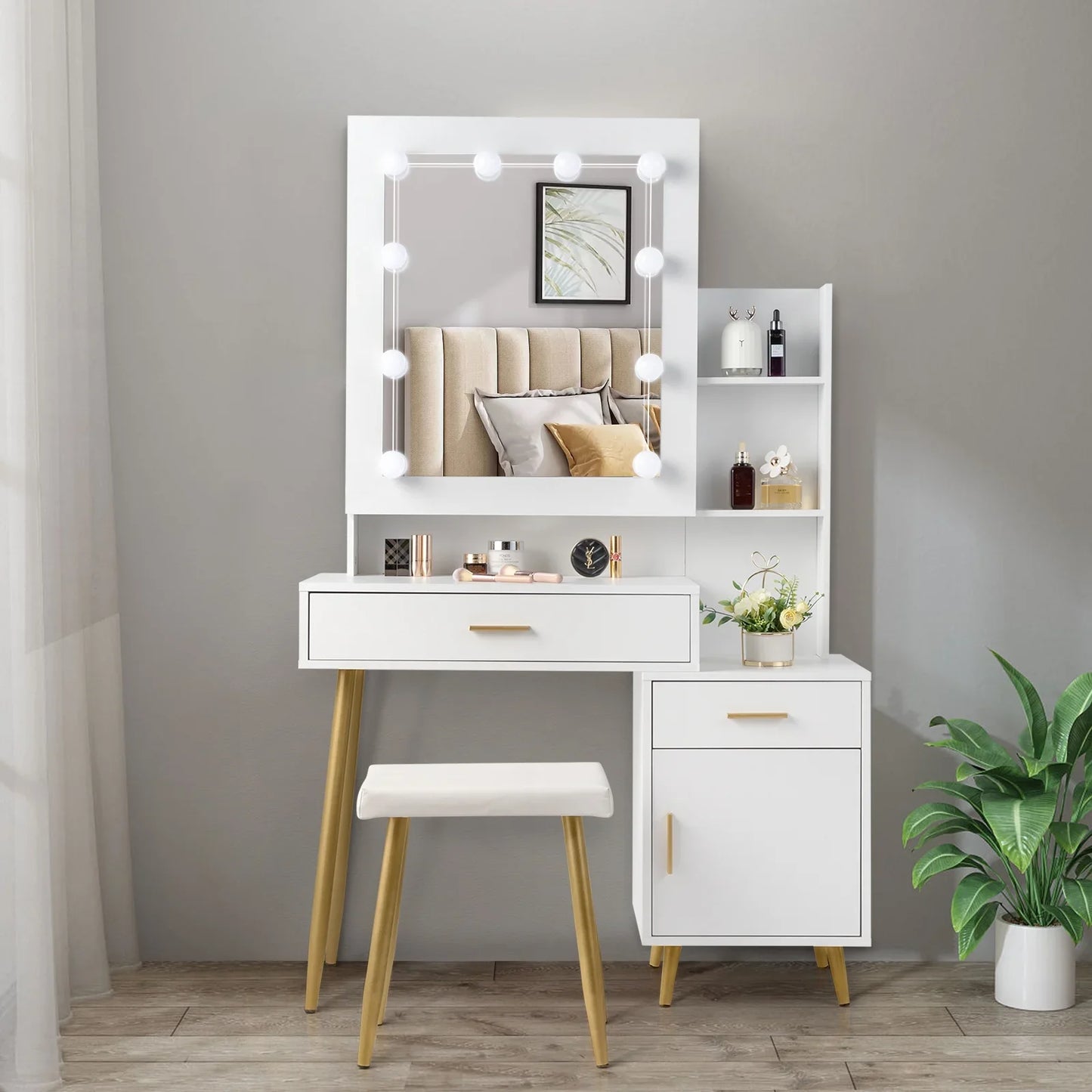 Ktaxon Vanity Table Set with Sliding Mirror, Makeup Table with Storage Cabinet, Dressing Vanity Tables, Dresser Desk for Girls, Women, White