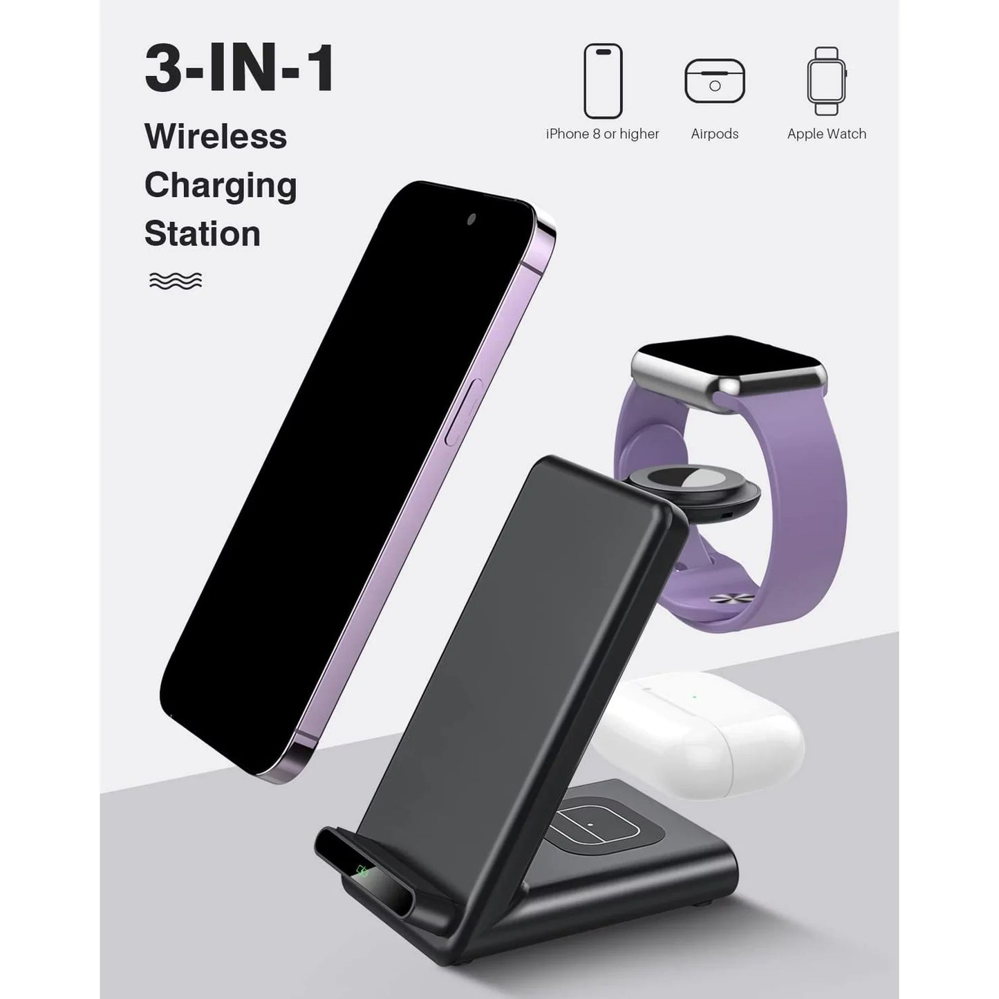 Wireless Charging Station,3 in 1 Wireless Charging Stand Made for Apple Watch Ultra 9 8 7 6 SE 5 4 3,Fast Wireless Charger Made for iPhone 15/Plus/Pro Max/14/13/12/11/X,for AirPods Pro(with Adapter)