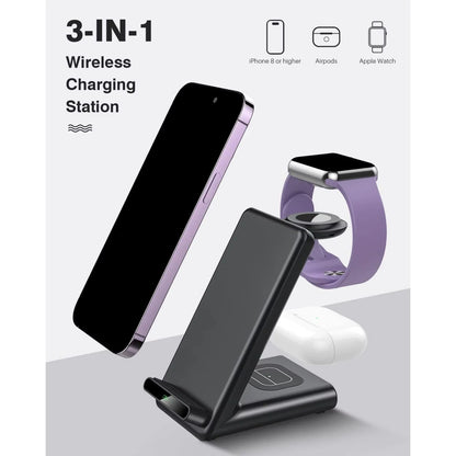 Wireless Charging Station,3 in 1 Wireless Charging Stand Made for Apple Watch Ultra 9 8 7 6 SE 5 4 3,Fast Wireless Charger Made for iPhone 15/Plus/Pro Max/14/13/12/11/X,for AirPods Pro(with Adapter)