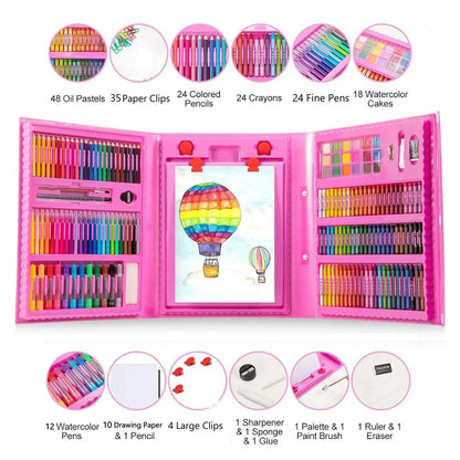 208 PCS Art Supplies, Drawing Art Kit for Kids Adults Art Set with Double Sided Trifold Easel, Oil Pastels, Crayons, Colored Pencils, Watercolor Pens Gift for Girls Boys Artist, Pink