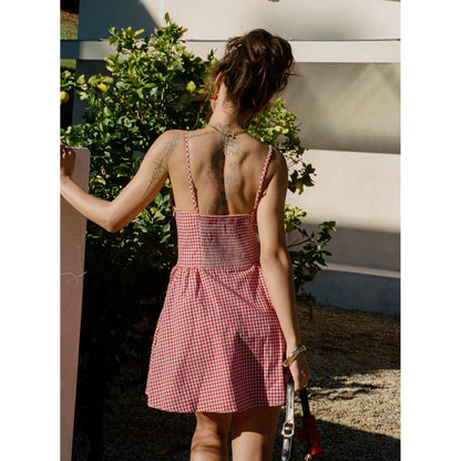 Peyakidsaa Savings Clearance Women Summer Cami Dress Spaghetti Strap Plaid Sweetheart Neck Sleeveless Button-down A-Line Short Dress