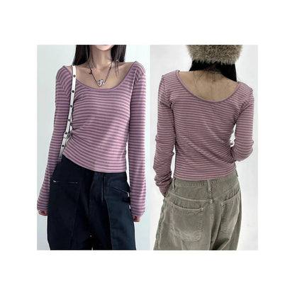 Peyakidsaa Women Long Sleeve T-shirt,Scoop Neck Ladies Fall Striped Casual Tops Streetwear