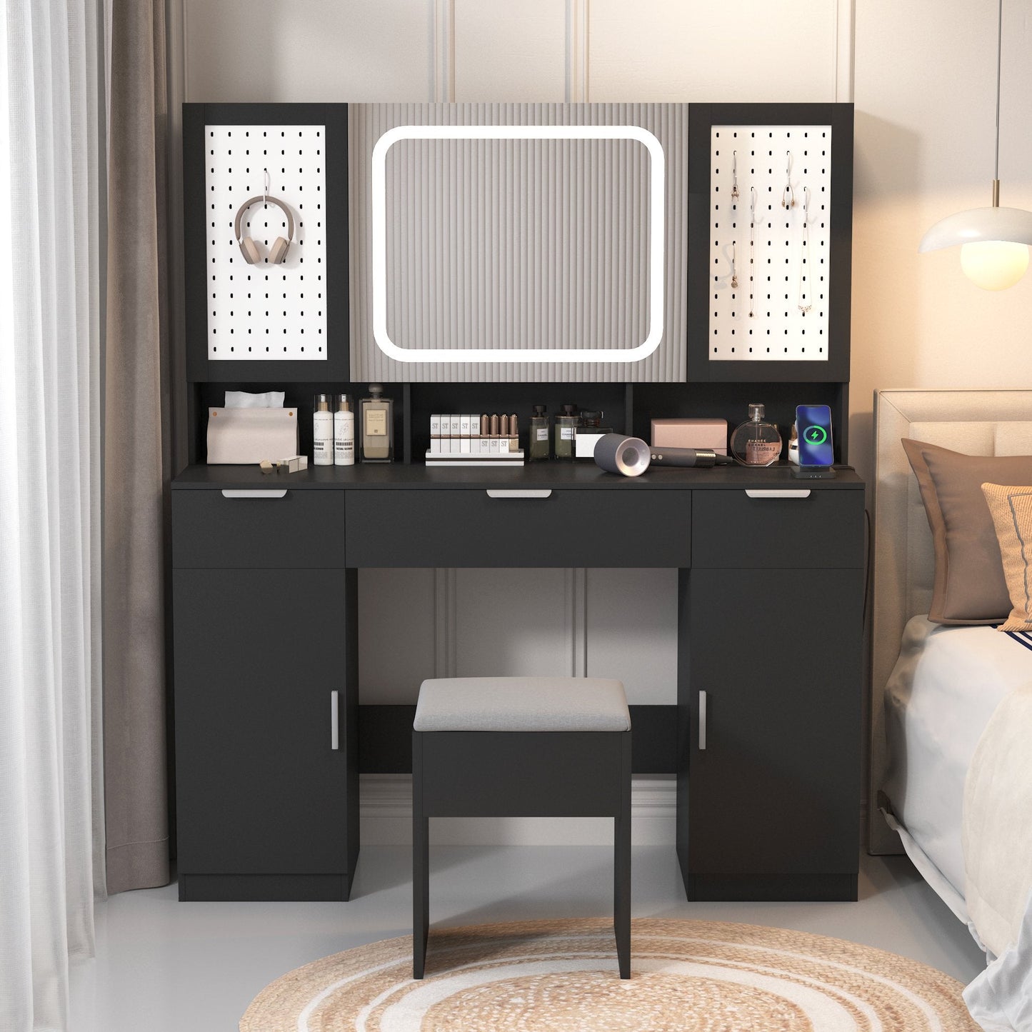 Ktaxon Large Lighted Makeup Vanity Table Set with DIY Pegboard Design, 3-Drawer Dressing Table with Charging Station, Bedroom Makeup Table, Black