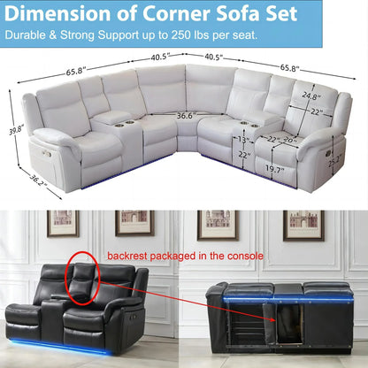ELIASER Manual Recliner Sofa Sets with LED Lights,Faux Leather Reclining Sectional Couch for Living Room Furniture Sets with USB Port,Storage Console Cup Holders White