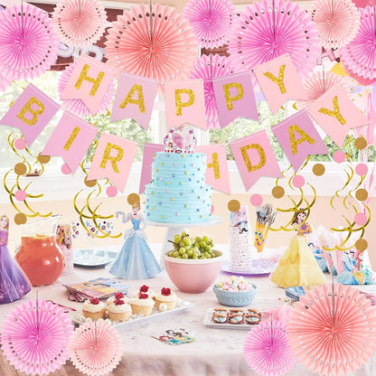 Pink Gold Birthday Decorations, Happy Birthday Banner with Hanging Honeycomb Paper Fans Circle Garland Swirl Streamers for Girls Women Party Supplies