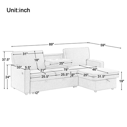 Churanty Sectional Sleeper Sofa with Pull Out Bed, L-Shape Sectional Corner Couch with Storage Chaise, Upholstered Sectional Sofa with Cup Holders for Living Room, Beige