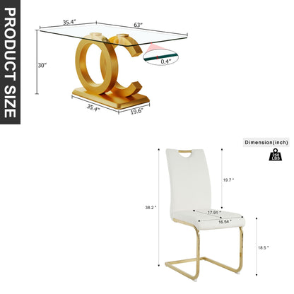 63" Modern Glass Dining Table Set with 6 White Pu Leather Chairs, 7 pieces of Dining room Set for Kitchen Dining Room Living Room Office