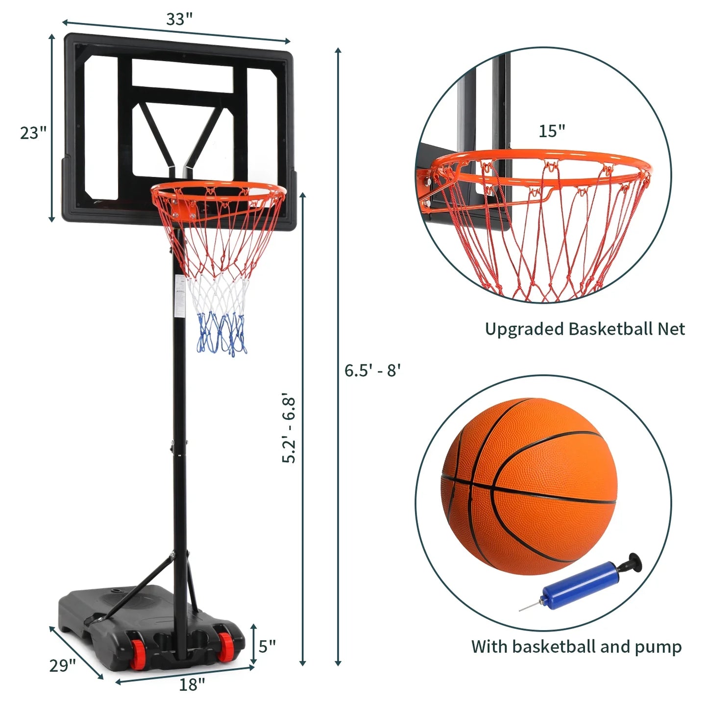 Ktaxon 6.5-8ft Basketball Hoop System, 33in Portable Basketball Goals with Basketball and Indoor Outdoor