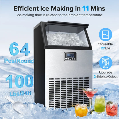 Auseo Commercial Crescent Ice Maker, 100Lbs/24H Stainless Steel, 64Pcs in 11-20 Mins, 2 Water Adding Modes, Companies/Families/Bars