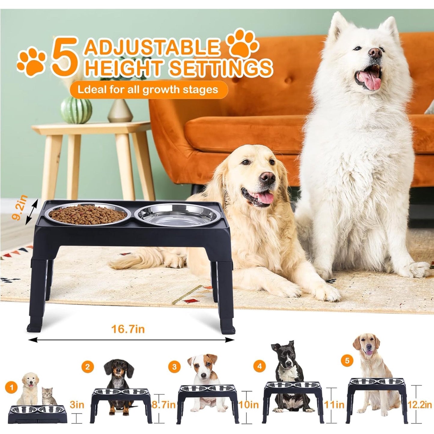 Elevated Dog Bowls, Raised Slow Feeder Dog Bowls with No Spill Dog Water Bowl Dispenser, 5 Heights Adjustable Raised Dog Bowls Stand