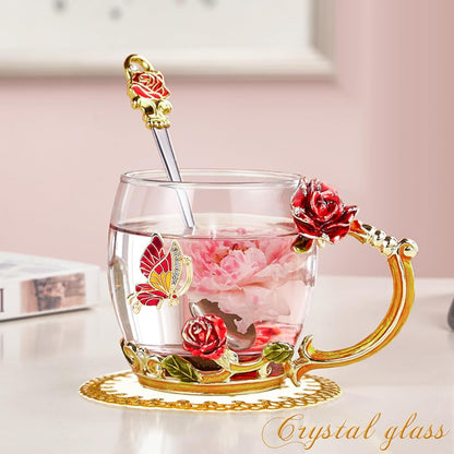 Gifts for Women Glass Coffee Enamel Mug Gifts Set, Best Birthday Butterfly Rose Gifts for Women Mom Mothers Day Valentines Day Christmas Anniversary, Lead-Free Red Tea Cup with Spoon Set