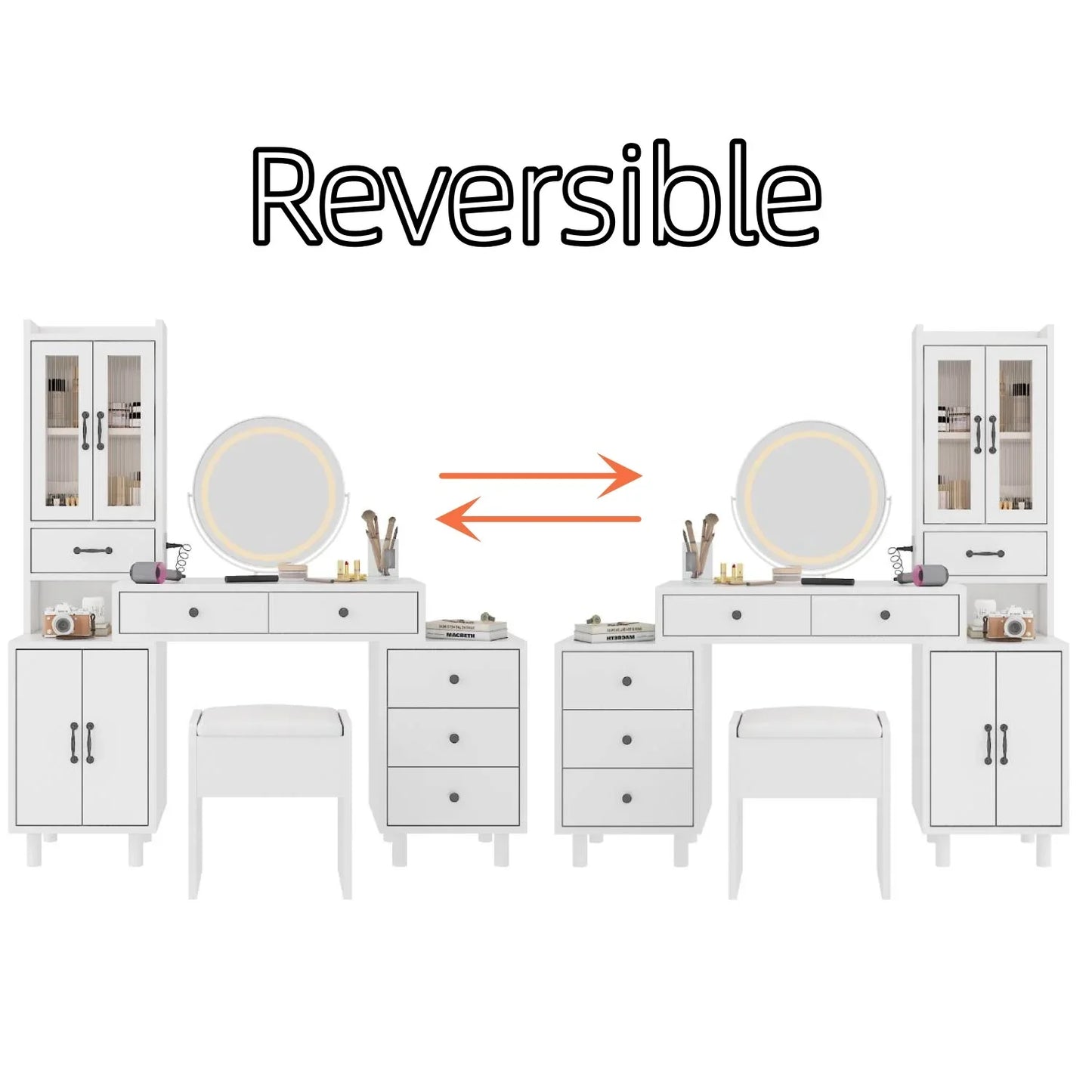 Ktaxon Makeup Vanity Set with USB Charging&3 Color Lighted Mirror, Large Makeup Vanity with Storage Cabinet and Drawers, Dressing Table for Girls, Women, Gold, White