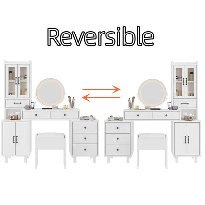 Ktaxon Makeup Vanity Set with USB Charging&3 Color Lighted Mirror, Large Makeup Vanity with Storage Cabinet and Drawers, Dressing Table for Girls, Women, Gold, White