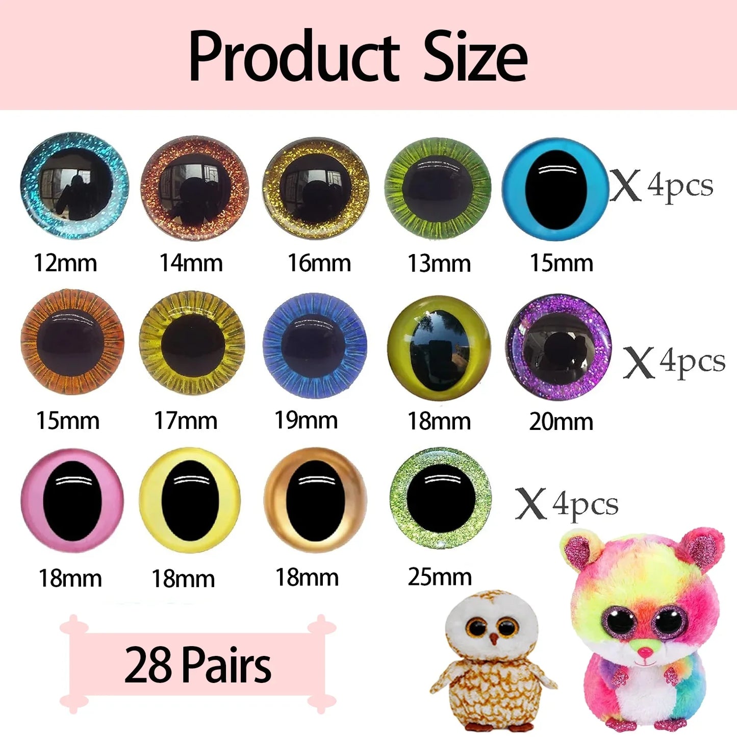 12-25mm Doll Safety Eyes£¬Colorful Plastic Crochet Eyes with Washers for Doll, Puppet Crafting, Plush Animal Teddy Bear Craft Making (Multicolor)