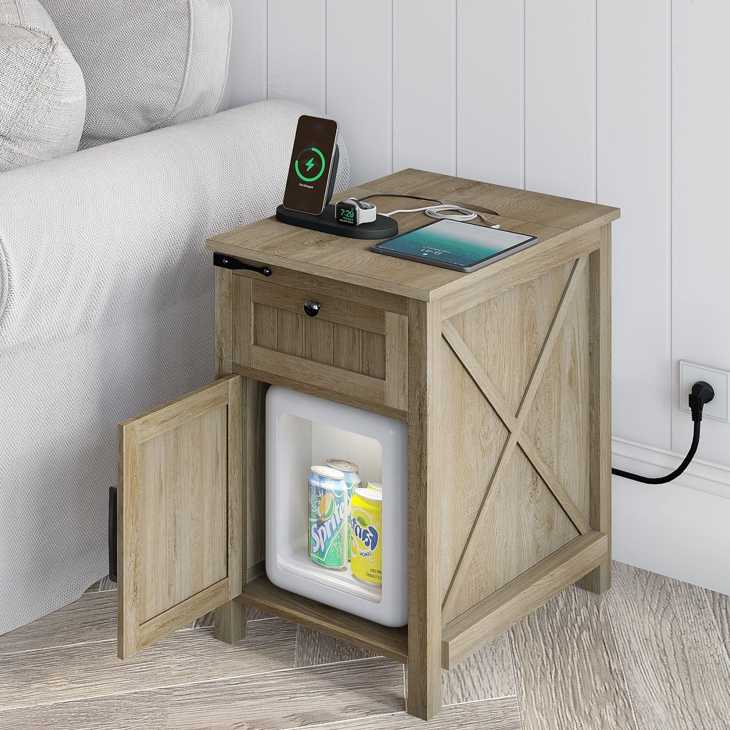 Nightstand with Charger Station,Industrial/Farmhouse End Table with Drawers & Cabinet,Side Table with Door and Storage Shelf,Side Tables for Living Room,Bedroom,Office (Light Rustic Oak X2)