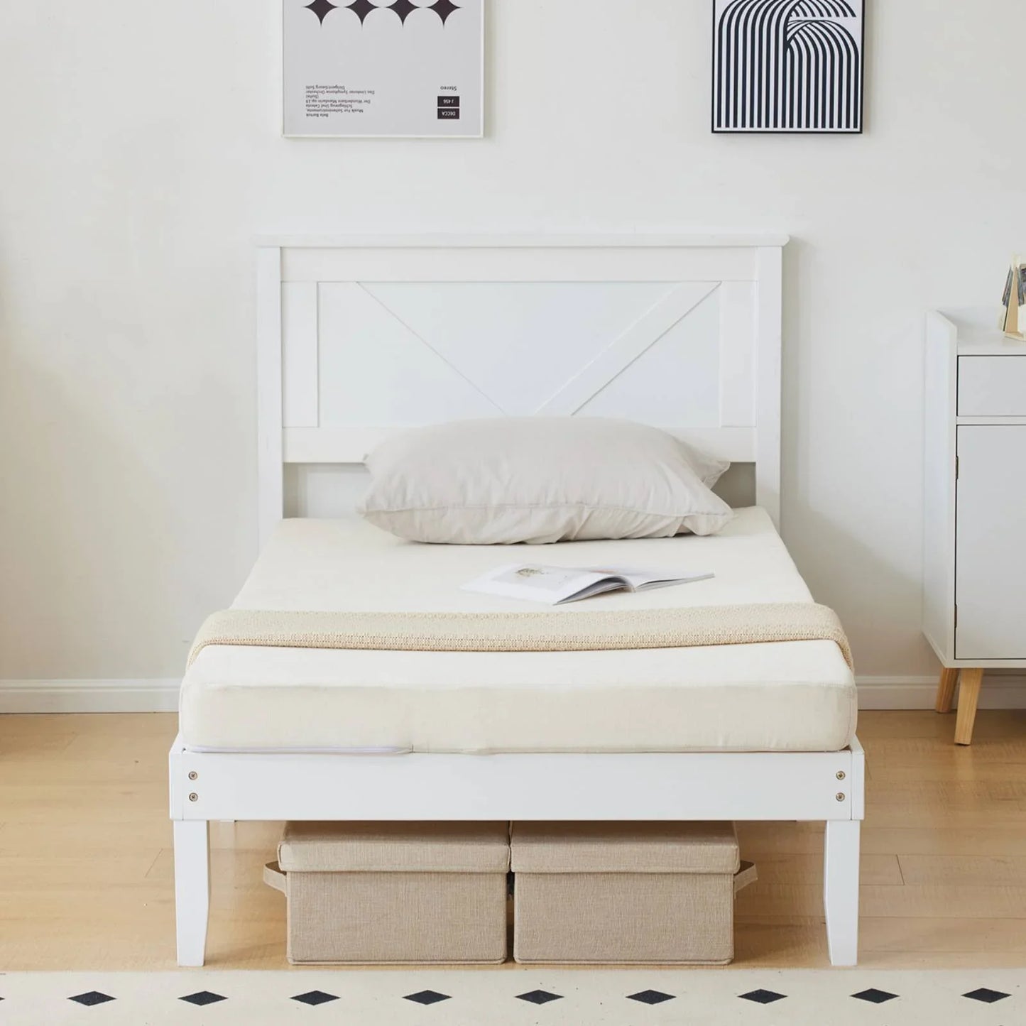 Ktaxon Twin Bed Frame Solid Wood Platform Bed Frame, Single Panel Bed with Headboard, No Box Spring Needed Panel Bed, Wood Slat Support Mattress Foundation, White