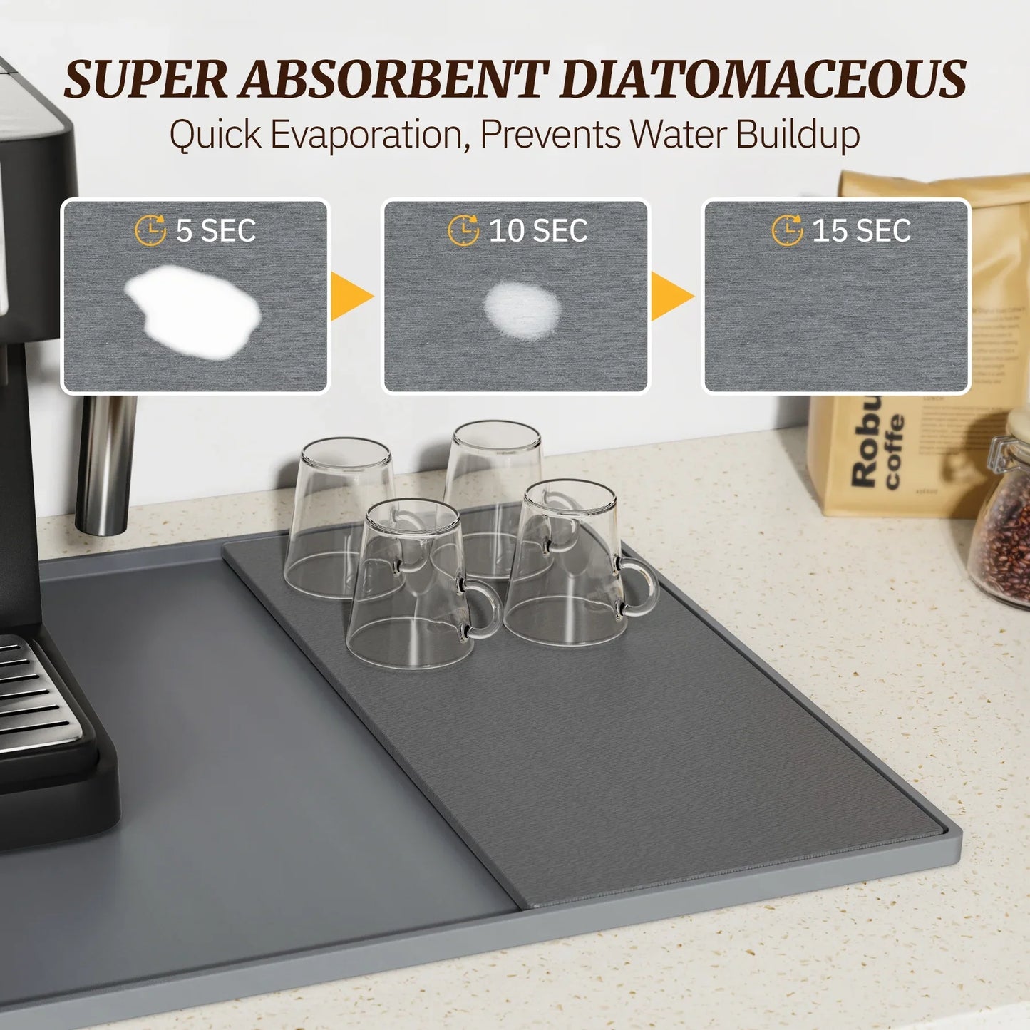 NiHome Silicone Coffee Bar Mat with Diatomaceous Earth Pad for Quick Drying, Non-Slip Spill-Proof Mat for Coffee Machines and Kitchen Countertops, Keeps Countertops Dry and Organized (Light Gray)