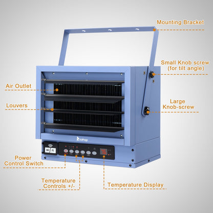 Ktaxon WiFi Smart Electric Garage Heater, 5000W Ceiling Mount Space Heater, 240-Volt Hard-Wired Heater Fan-Forced Shop Heater with Digital Thermostat, 12H Timer, Remote Control, Blue