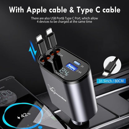 Retractable Car Charger,Super Fast USB Car iPhone Charger,Dual iPhone Retractable Cables (31.5 inch) and 2 USB Ports Car Charger Adapter for iPhone14/13/12/11 Pro Max/XS MAX/,iPad,Samsung