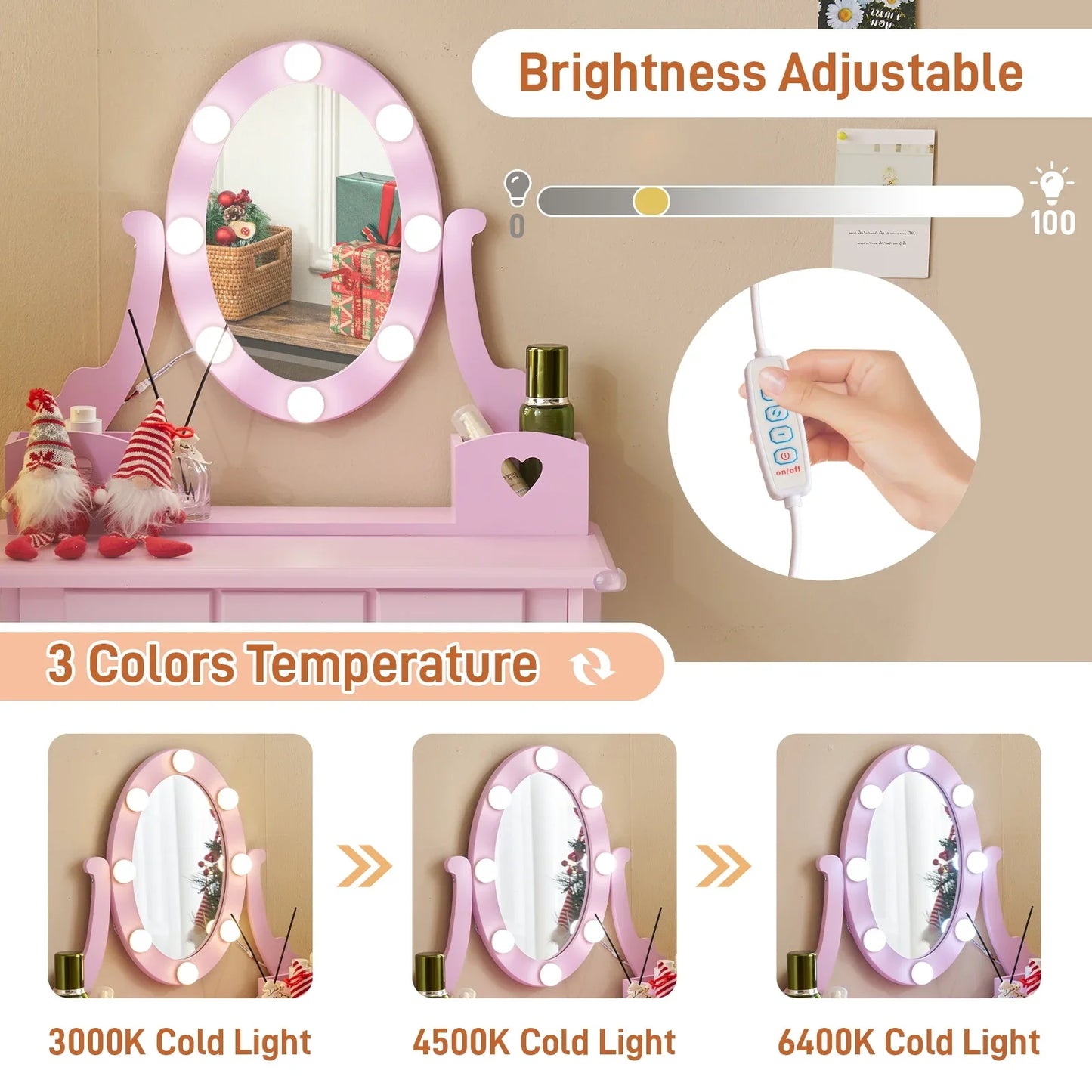 Ktaxon Kids Play Makeup Vanity Set with 3-Color Light, Girls Vanity Dresser Desk with Matching Stool, Purple