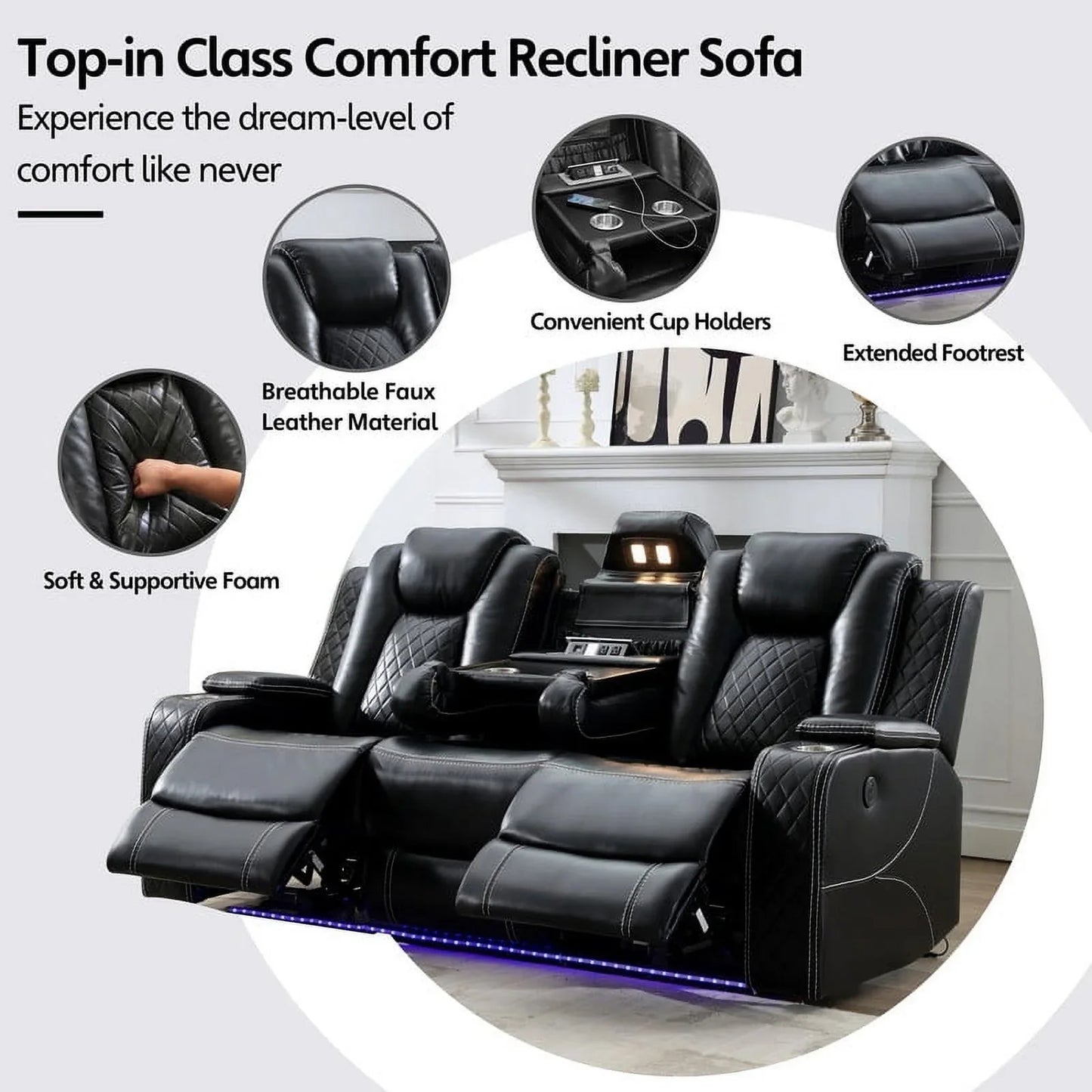 Power Recliner Sofa Sets with Bass Speaker,Wireless Charger,LED Light Manual Reclining Living Room Furniture Sets